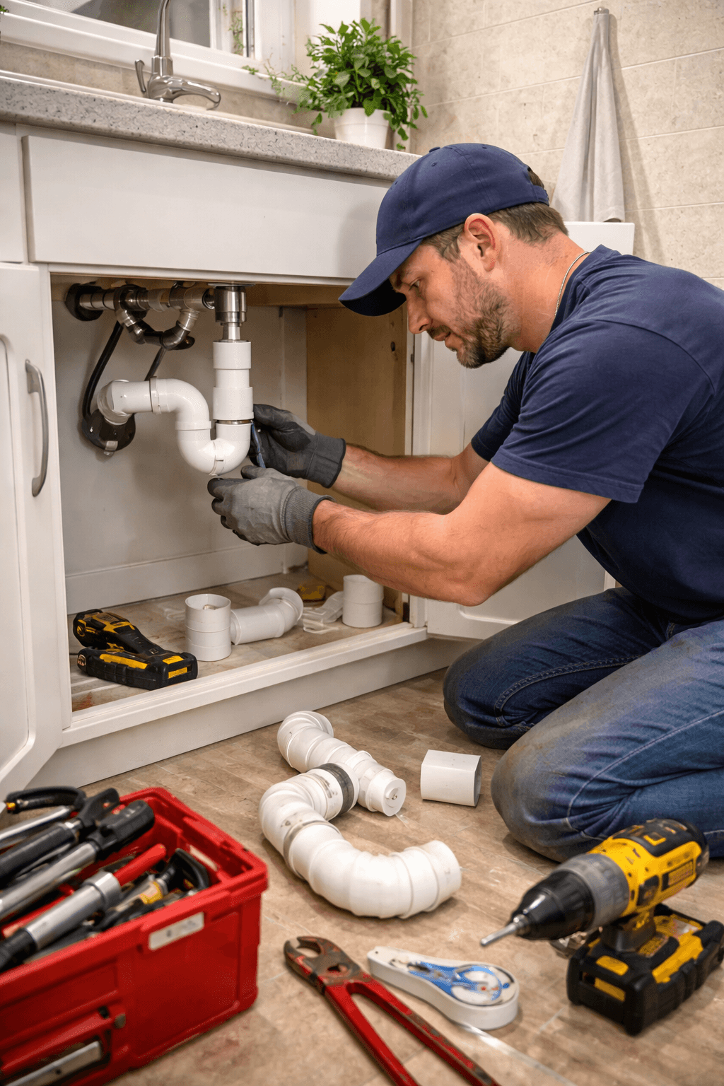 Licensed plumber performing residential water line replacement